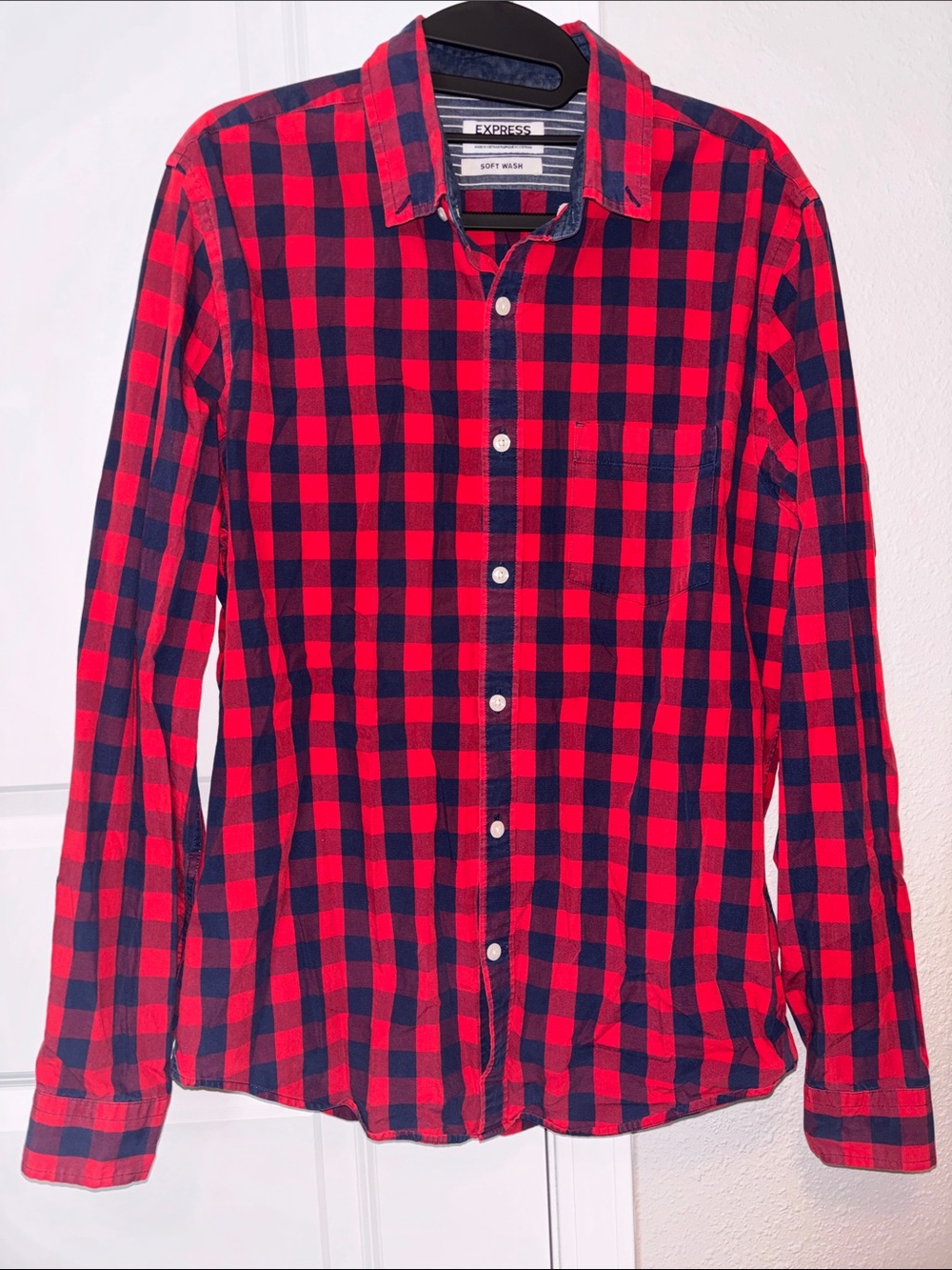Express Men's Red and Navy Plaid Button-Down Shirt 100% Cotton